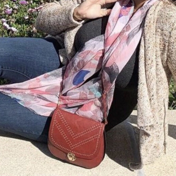 Small Burgundy Red Crossbody Purse Gold Studded Flap Closure - NR - Picture 2 of 4